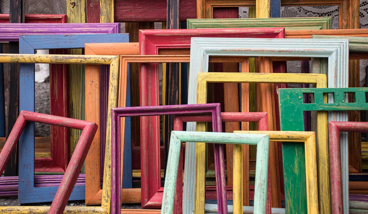 Framed works in the studio