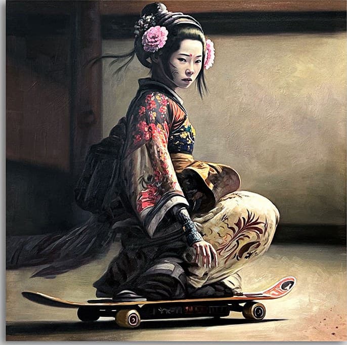 An oil on canvas painting of a figure in traditional dress seated on a skateboard, produced from an AI generated image