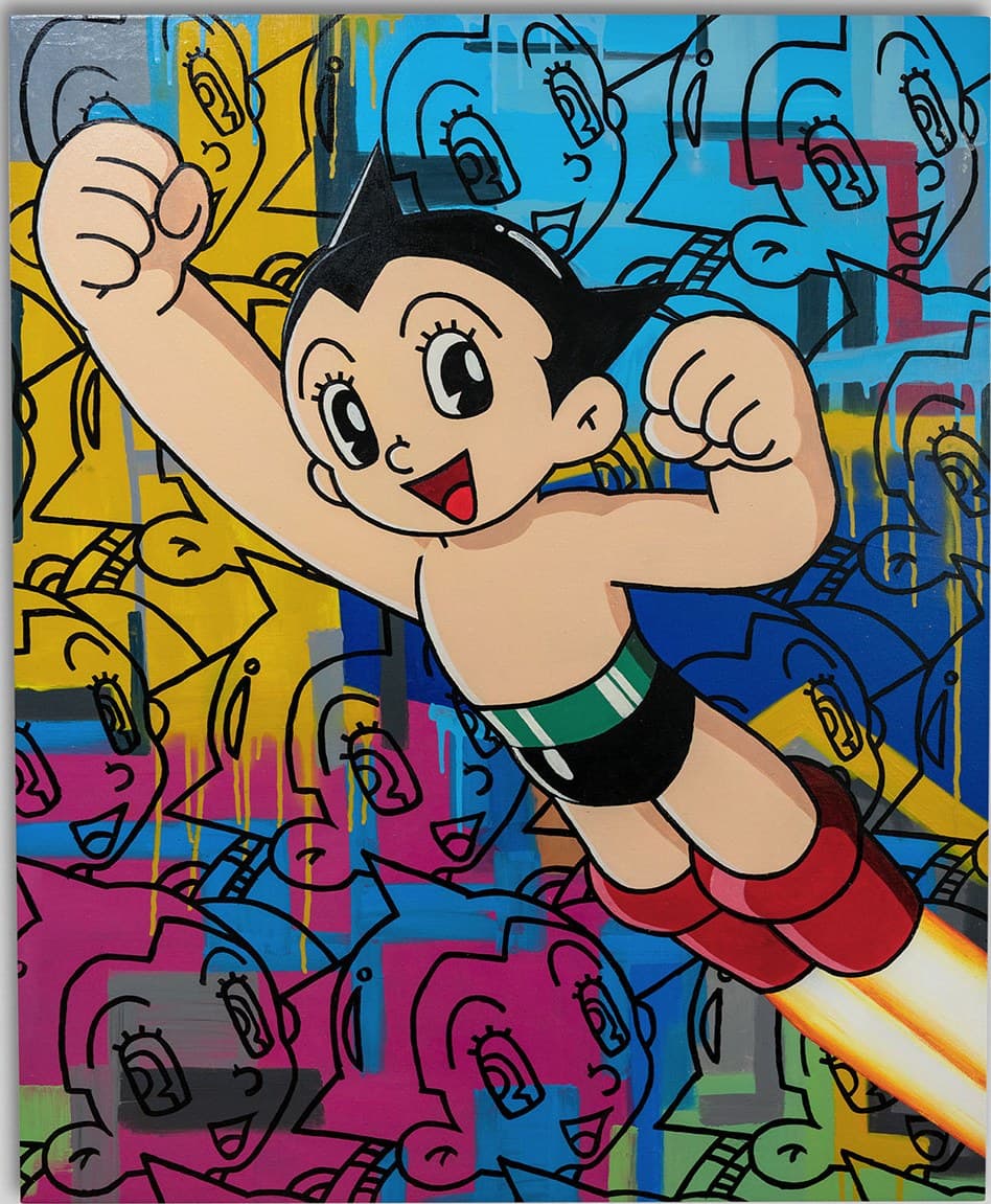 A brightly coloured pop art commissioned painting of Astro Boy in oil on canvas
