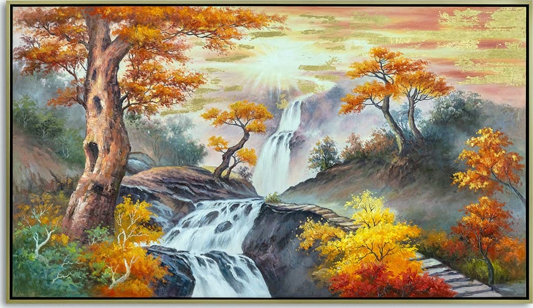 A commissioned feng shui landscape painting of a waterfall and autumn trees, finished in a float frame